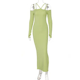 Voguable Fall Solid Slip Slash Neck Long Sleeves Cut Out Maxi Dress Slim Y2K Streetwear Robe